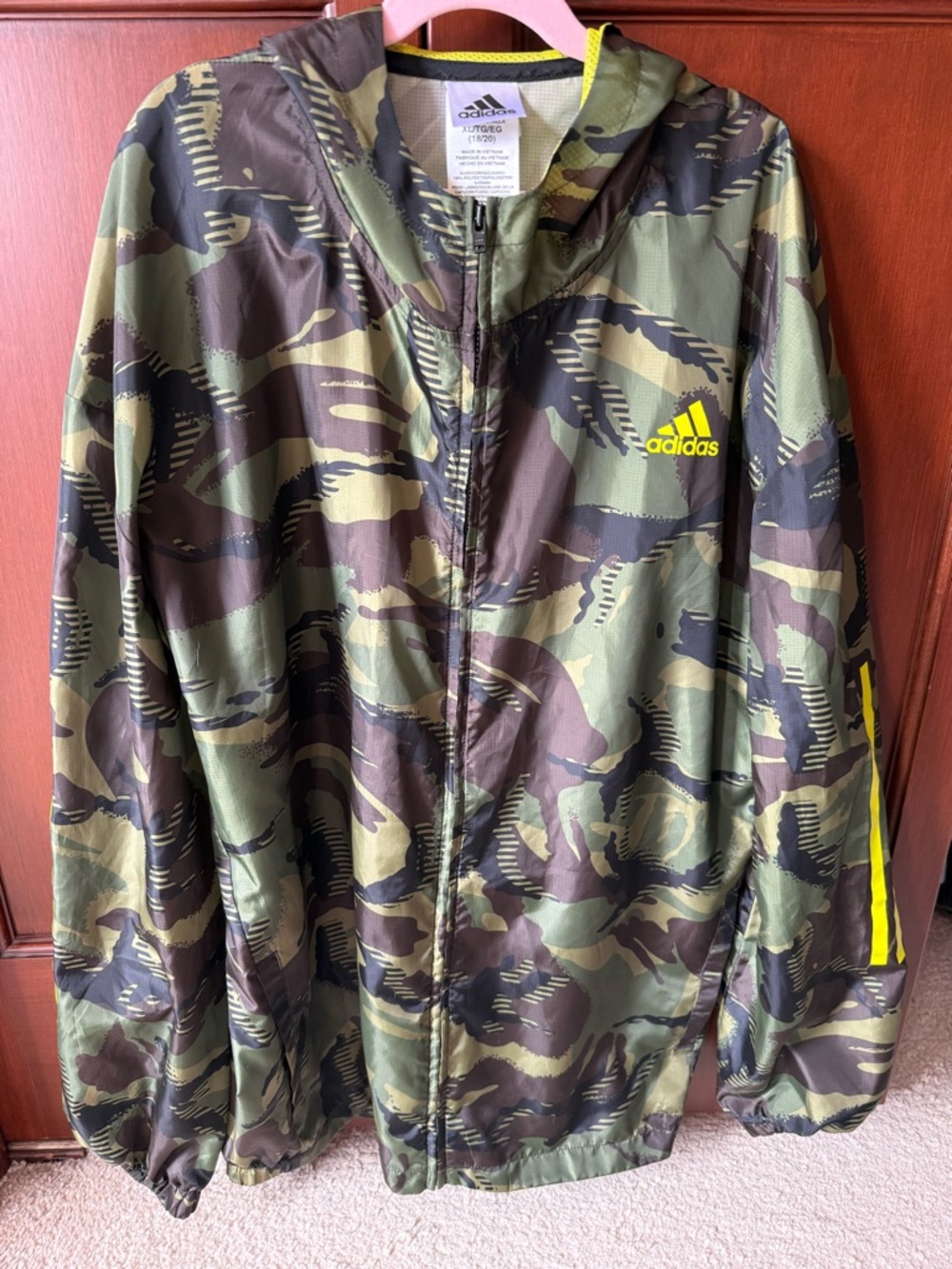 adidas Olive Green Camo Jacket with Neon Yellow Accents